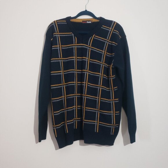 Vintage Captor Mens Navy Sweater Size XXL Window Pane Plaid Preppy Office Casual - Picture 1 of 8